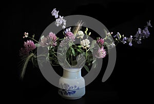 Spring still life, a bouquet of flowers of clover and herbs with spikelets in a flowerpot on a black background
