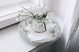 Spring still life scene. Vase of snowdrops flowers on vintager green decorative plate. Business card mockup, galanthus