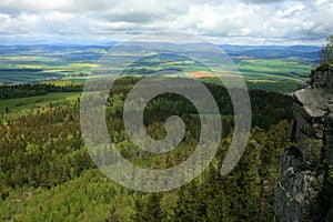 Spring Stolowe Mountain range- landscape near small, picturesque Pasterka village in Poland.