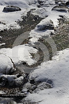 Spring stream flowing between the snows