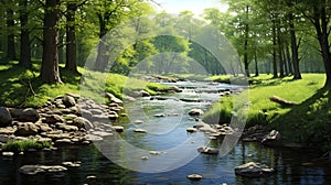 Spring stream river among green shores