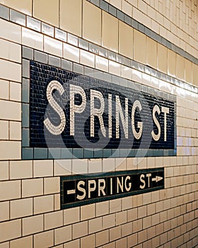Spring Street subway station sign, in Soho, Manhattan, New York City