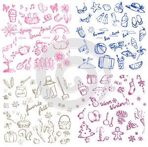Spring summer autumn and winter holiday season doodle icon