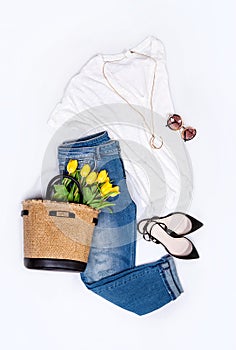 Spring summer basic denim casual city trend outfit set for woman: jeans, blouse, shoes, golden necklace, sunglasses and handbag