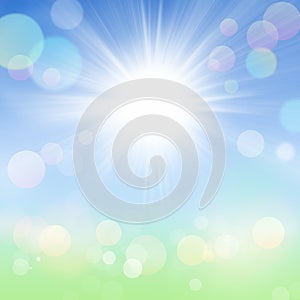 Spring Summer Bokeh Background with Sun, Blue Sky and Green Grass