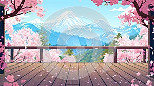 Spring or summer cartoon Japanese landscape with place to relax to enjoy cherry blossoms in backyard. Hanami concept on