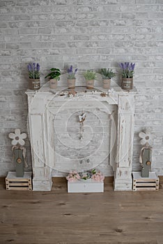 Spring summer decor with wood fireplace