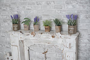 Spring summer decor with wood fireplace