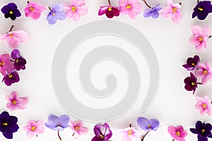 Spring or summer flower composition with edible  violets on white background. Flat lay, copy space. Healthy life and flowers