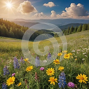 spring-summer flower meadow in the foothills