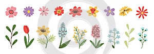 Spring and summer flowers set. Simple doodle flower plants isolated on white background.