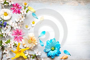 Spring summer flowers on wooden retro planks abstract floral background