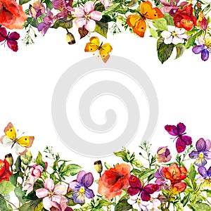 Spring, summer garden: flowers, grass, herbs, butterflies. Floral pattern. Watercolor photo