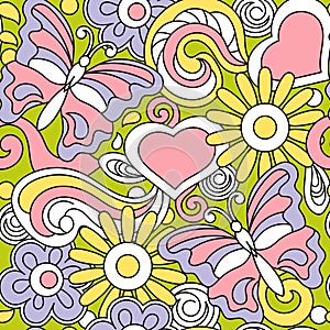 Spring or summer hand-drawn doodle seamless background . Flowers, butterflies, heart. Seasonal vector elements, cartoon backdrop