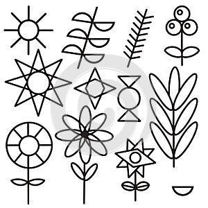 Spring  summer icons set. Vector icons of flowers  sun  stars on a solid background