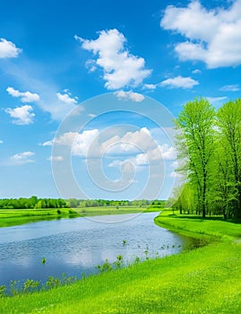 Spring summer landscape blue sky clouds Narew river boat green trees