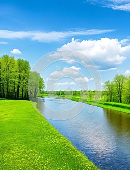 Spring summer landscape blue sky clouds Narew river boat green trees.