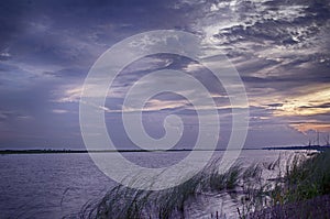 Spring summer landscape blue sky clouds Narew river boat green trees countryside