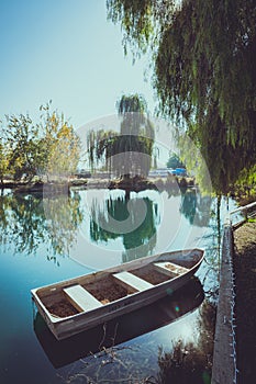 Spring summer landscape blue sky clouds river boat green trees