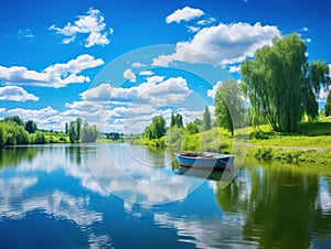 Spring summer landscape blue sky clouds river boat green trees in