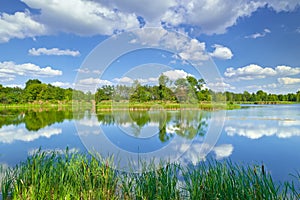 Spring summer landscape blue sky clouds river pond green trees