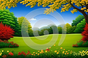 Spring or summer landscape with flowers and shrubs and a lush green lawn. Generative-AI