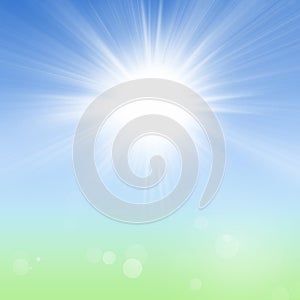 Spring Summer Nature Background with Sun, Blue Sky and Green Grass