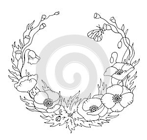 Spring or summer poppy floral nostalgic elegant romantic old fashioned wreath contour coloring page