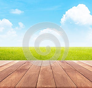 Spring or summer with rice field background and wood table