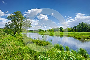 Spring summer river landscape blue sky clouds countryside