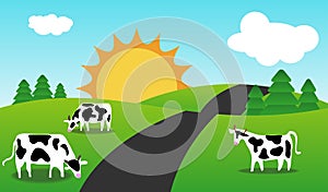 Spring Or Summer Season Landscape with cows.