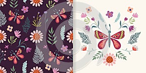 Spring summer set with seamless pattern and seasonal composition, poster, card with butterfly