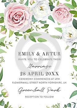 Spring, summer wedding invite design. Elegant watercolor floral save the date card template. Pink, white roses, green eucalyptus