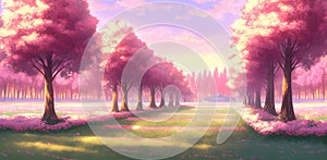 Spring sunny day, blossom trees, sakura trees, field, illustrative background, landscape, wallpaper, nature