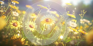 Spring sunny day, flowers field, blossom field, daisies field, illustrative background, landscape, wallpaper, nature