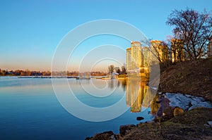 Spring sunset on the Neva at the Rybatskoye district in Saint Petersburg.