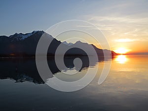 Spring sunset over the eastern shore of Lake Geneva lac de GenÃ¨ve, lac LÃ©man or Genfersee, Villeneuve - Switzerland / Suisse