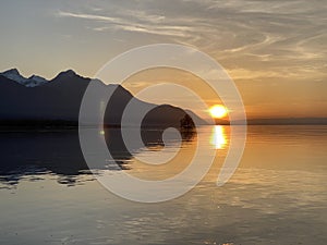 Spring sunset over the eastern shore of Lake Geneva lac de GenÃ¨ve, lac LÃ©man or Genfersee, Villeneuve - Switzerland / Suisse