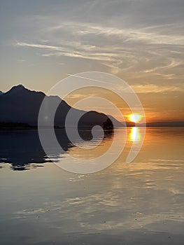 Spring sunset over the eastern shore of Lake Geneva lac de GenÃ¨ve, lac LÃ©man or Genfersee, Villeneuve - Switzerland / Suisse