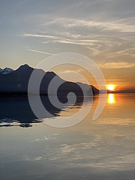 Spring sunset over the eastern shore of Lake Geneva lac de GenÃ¨ve, lac LÃ©man or Genfersee, Villeneuve - Switzerland / Suisse