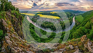 Spring sunset over meander of river Hron in Slovakia from extinct volcano