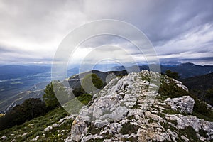 Spring sunset in Santuari Mare De Deu Del Mont peak, La Garrotxa, Spain