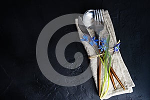 Spring table setting with blue scilla siberica