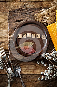 Spring table setting. Cutlery on wood