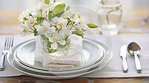 A Spring Table Setting Delicately Decorated with White Flowers