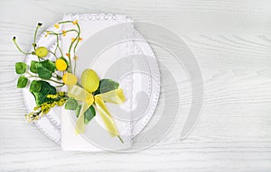 Spring Table Setting for Easter with eggs and leaves. Copy spac