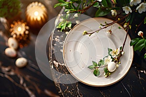 Spring table setting with flowers, branches and eggs. Empty white plate with decorations. Happy Easter holiday