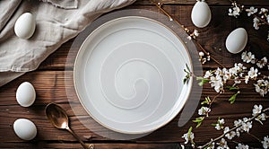 Spring table setting with flowers, branches and eggs. Empty white plate with decorations. Happy Easter holiday