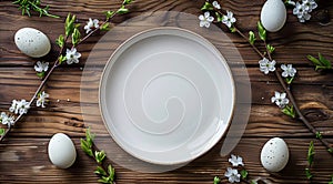 Spring table setting with flowers, branches and eggs. Empty white plate with decorations. Happy Easter holiday