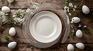 Spring table setting with flowers, branches and eggs. Empty white plate with decorations. Happy Easter holiday